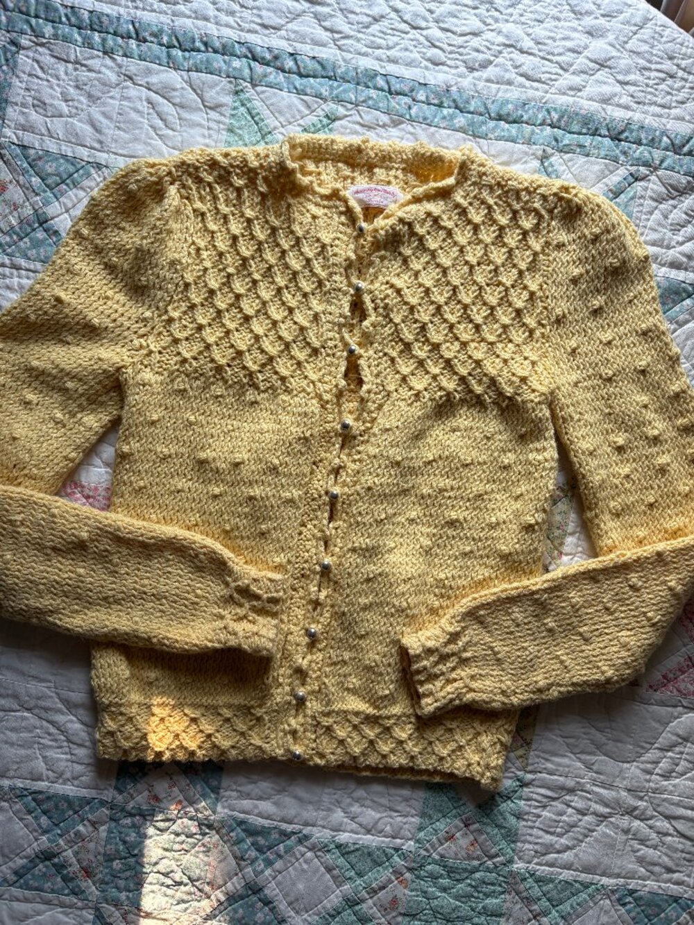 Vintage Handmade Yellow Chunky Knit Cardigan Sweater Small Cottagecore Dainty